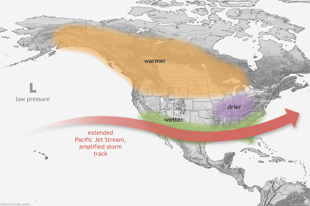 Este mapa muestra los impactos típicos de El Niño en los Estados Unidos continentales y Canadá durante el invierno del hemisferio norte. Crédito de la imagen: NOAA