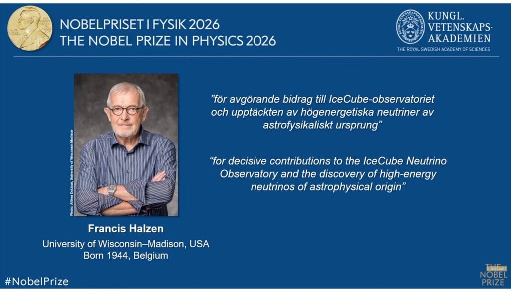 Il premio Nobel per la fisica 2026 è stato assegnato a Francis Louis Halzen dell’Università del Wisconsin–Madison. "Per il suo fondamentale contributo all’IceCube Neutrino Observatory e per la scoperta dei neutrini ad alta energia di origine astrofisica". Credits Immagine: nobelprize.org