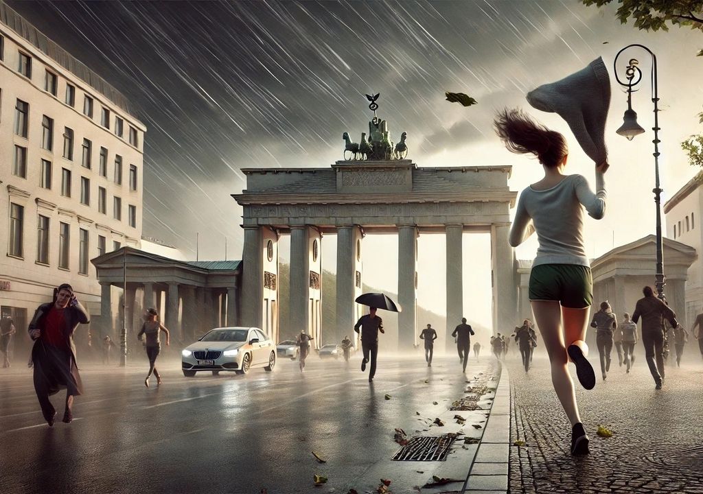 Menschen in Sommerkleidung flüchten vor dem aufziehenden Regen. Eine typische Straßenszene vor dem Brandenburger Tor in Berlin.