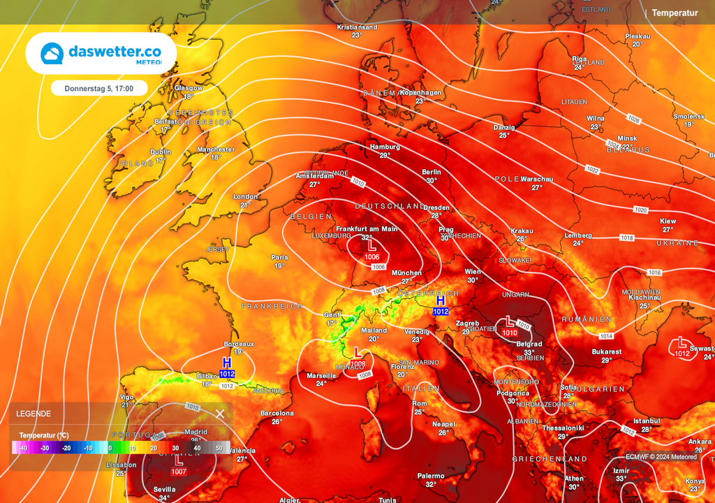 meteored Wetterkarte mit den prognostizierten Temperaturen für Donnerstagmittag, 05.September 17 Uhr.