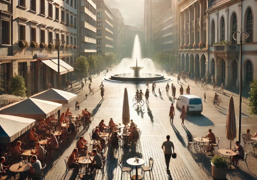 Sommerliche Straßenszenerie in einer typischen deutschen Stadt wie Frankfurt, Worms oder Koblenz.