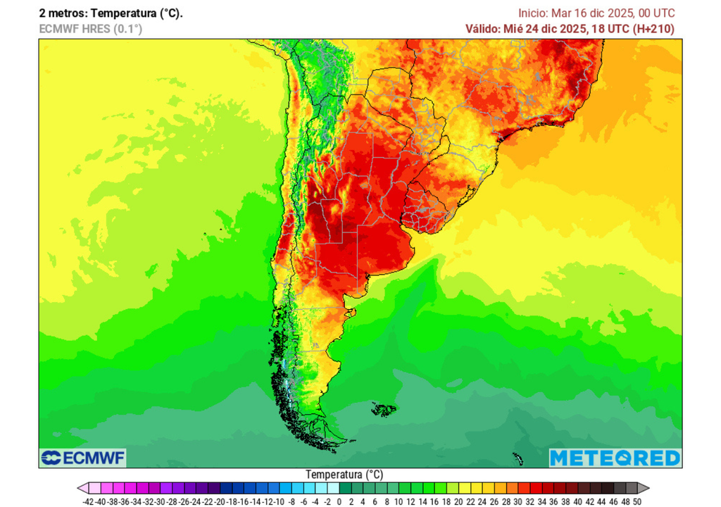 Pronóstico Noche Buena y Navidad 2025 en Chile, Meteored Temperatura máxima (°C) para el miércoles 24 de diciembre 2025 en Chile.