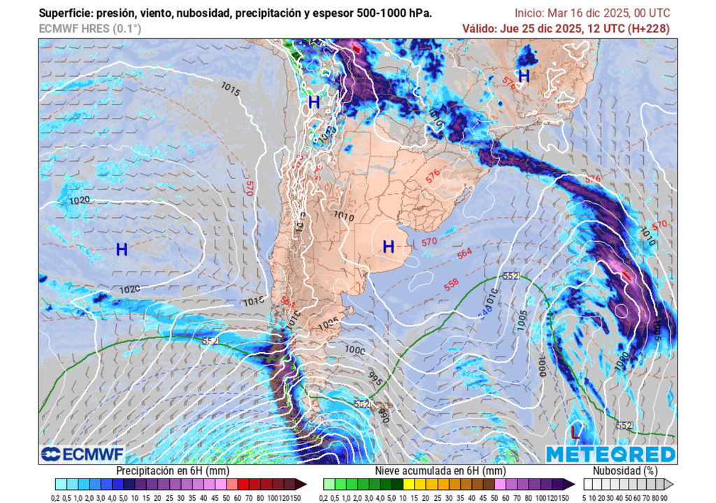 Pronóstico Noche Buena y Navidad 2025 en Chile, Meteored Precipitación (mm) para la mañana del jueves 25 de diciembre 2025 en Chile.