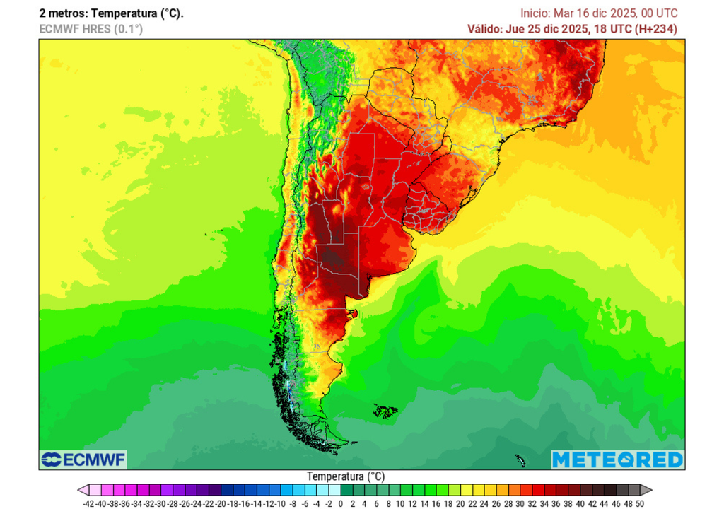 Pronóstico Navidad 2025 en Chile, Meteored Temperatura máxima (°C) para el jueves 25 de diciembre 2025 en Chile.