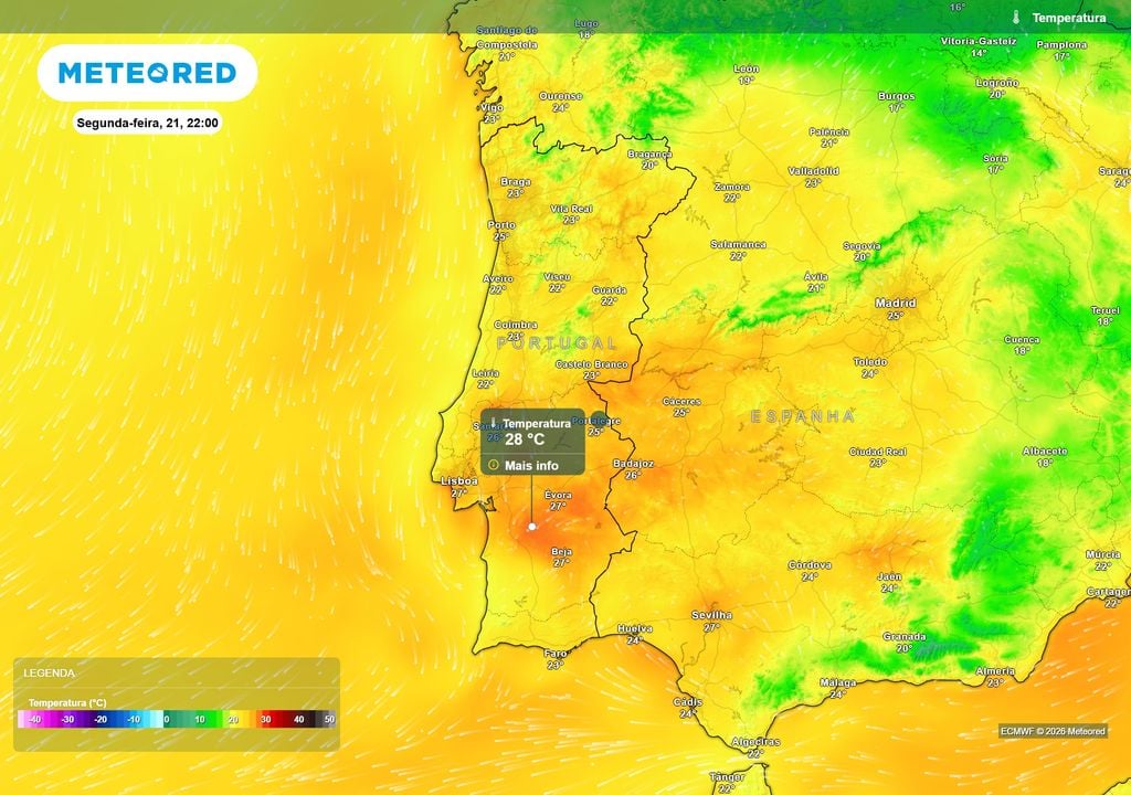 temperatura do ar à superfície A partir de sábado, dia 19, as noites deverão aquecer de forma expressiva em praticamente todo o continente.