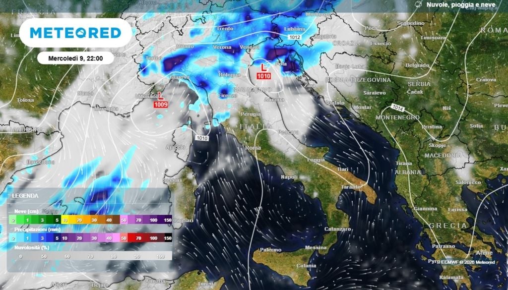 La perturbazione atlantica in arrivo dalla Francia, mercoledì 9 settembre raggiungerà il Nord Italia, che sarà il primo settore italiano a essere interessato dagli effetti dovuti allo scontro tra masse d'aria molto diverse: l'aria fredda in arrivo tenderà ad incunearsi sotto l'aria calda, che è presente nei strati inferiori, soprattutto nelle pianure. ECMWF-MeteoRed