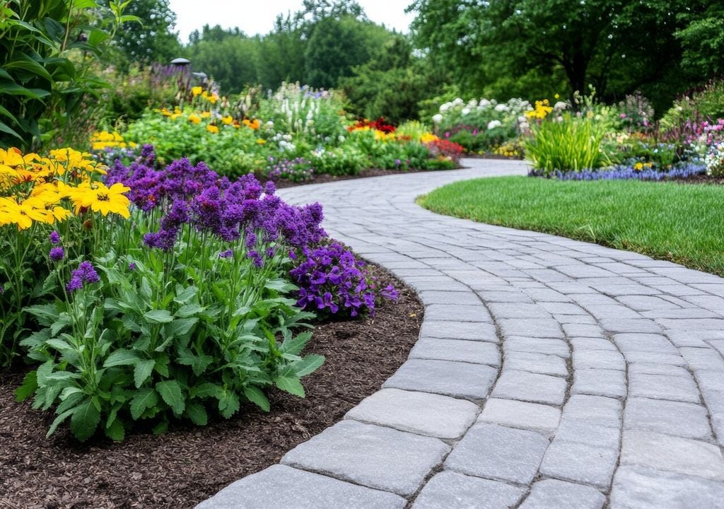 Sentiero in pietra si snoda tra aiuole fiorite e fili d'erba