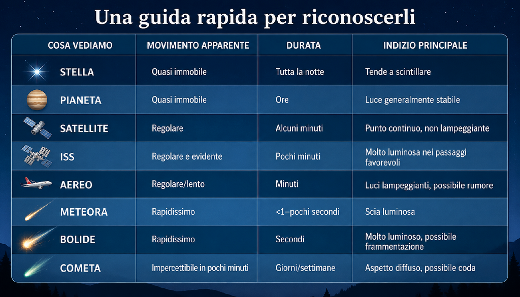 Guida rapida Schema semplificato per riconoscere gli oggetti luminosi nel cielo notturno.