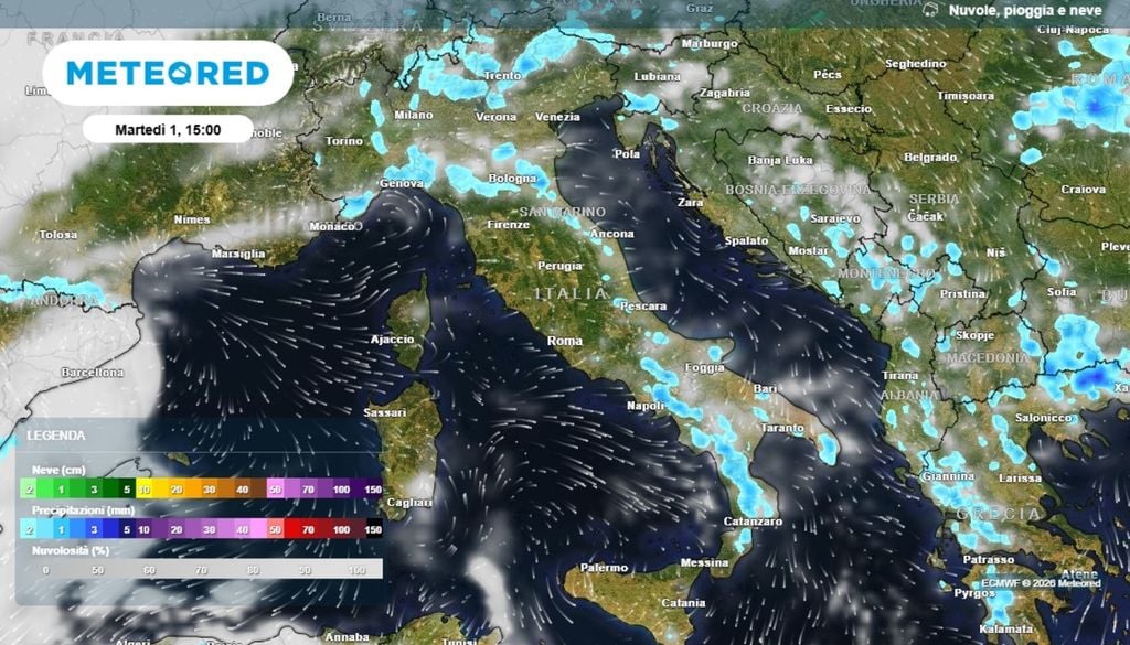 Infiltrazioni, in quota, di aria atlantica più fresca ed instabile, potranno innescare nelle ore centrali e in quelle pomeridiane di martedì 1 settembre dei fenomeni convettivi con possibili rovesce temporali, soprattutto sui settori centro-orientali alpini e prealpini, con qualche fenomeno possibile anche lungo la dorsale appenninica. ECMWF MeteoRed