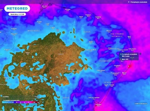 Nordeste pode registrar acumulados de at&eacute; 90 mm e chuva em todas as capitais