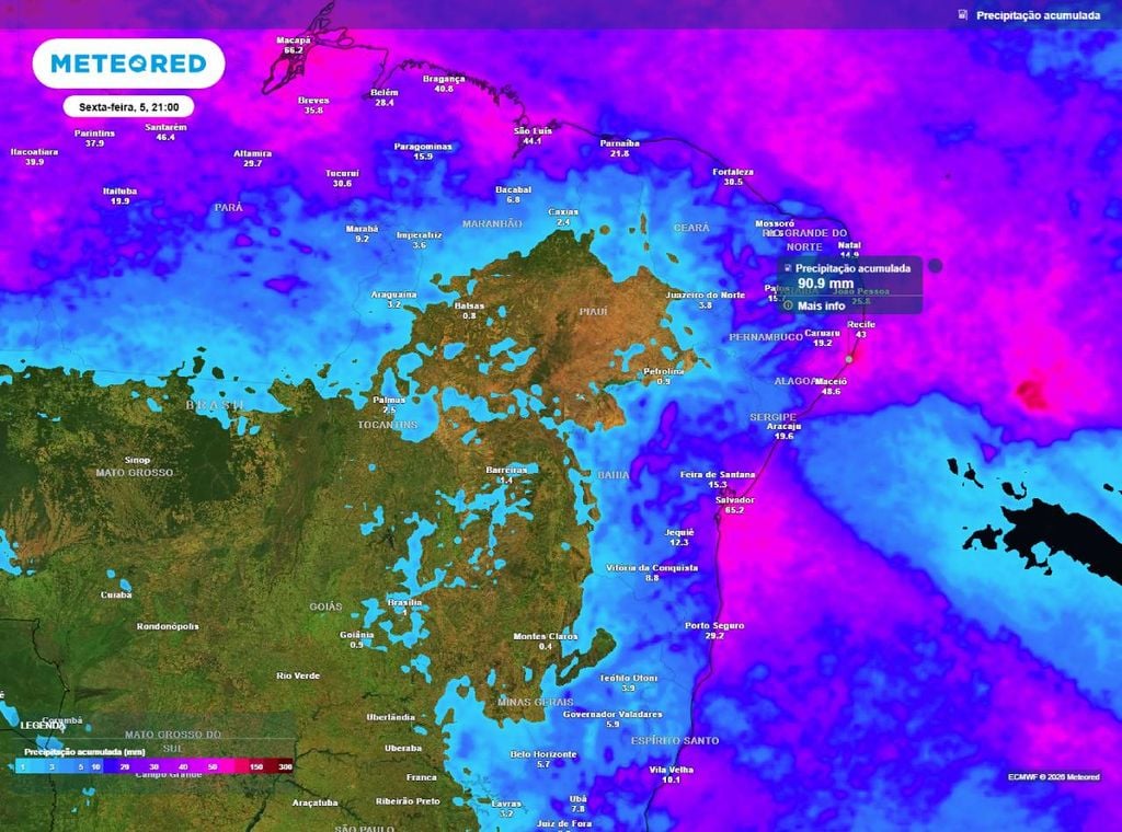 Previsão do acumulado de precipitação (em mm) entre hoje (1º) e a noite (21h) de sexta-feira (5), segundo o modelo europeu ECMWF.