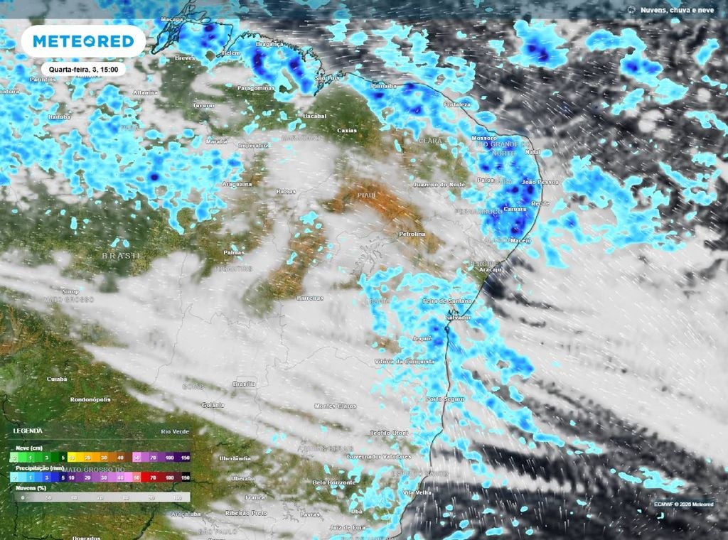 Previsão de precipitação (em mm) e nebulosidade para quarta-feira (3) à tarde (15h), segundo o modelo europeu ECMWF.