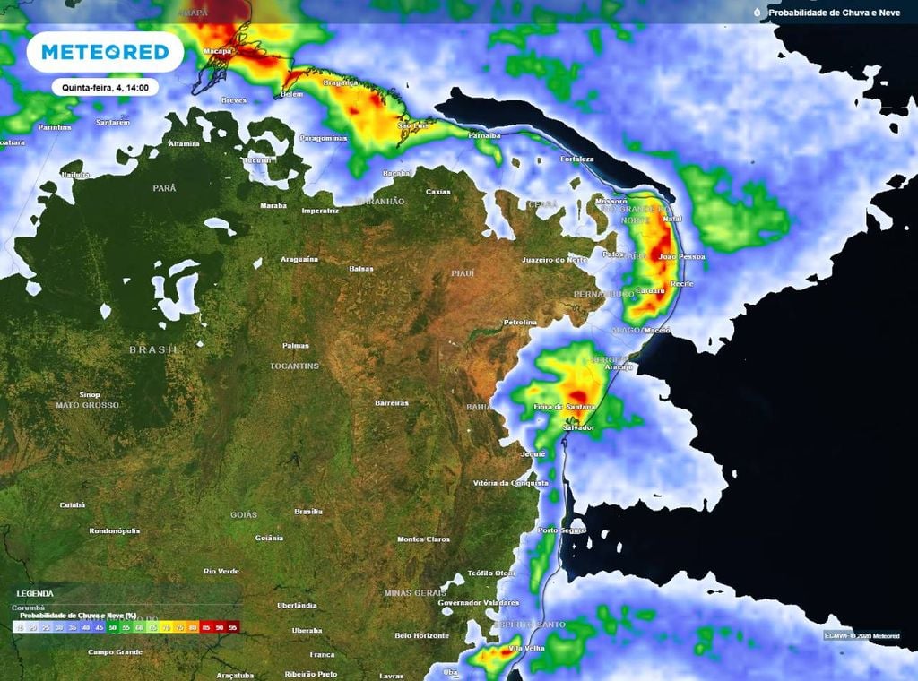 Previsão da probabilidade de precipitação (%) para quinta-feira (4) à tarde (14h), segundo o modelo europeu ECMWF.
