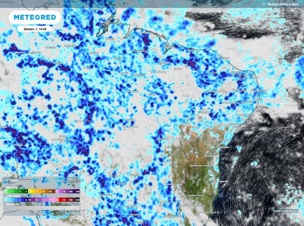 Previsão de precipitação (em mm) para o sábado (7) à tarde (14h), segundo o modelo europeu ECMWF.