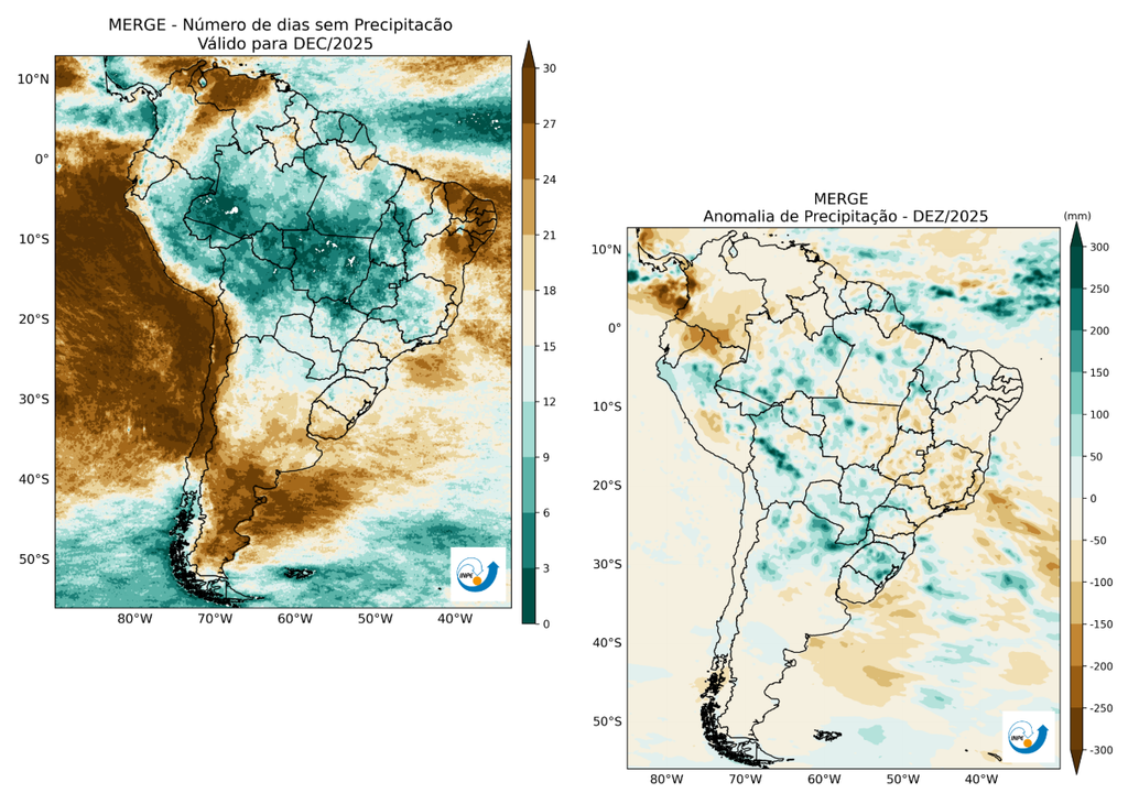 Número de dias sem precipitação (esquerda) e anomalia de precipitação (mm, direita), para o mês de Dezembro de 2025. Créditos: CPTEC/INPE. Número de dias sem precipitação (esquerda) e anomalia de precipitação (mm, direita), para o mês de Dezembro de 2025. Créditos: CPTEC/INPE.