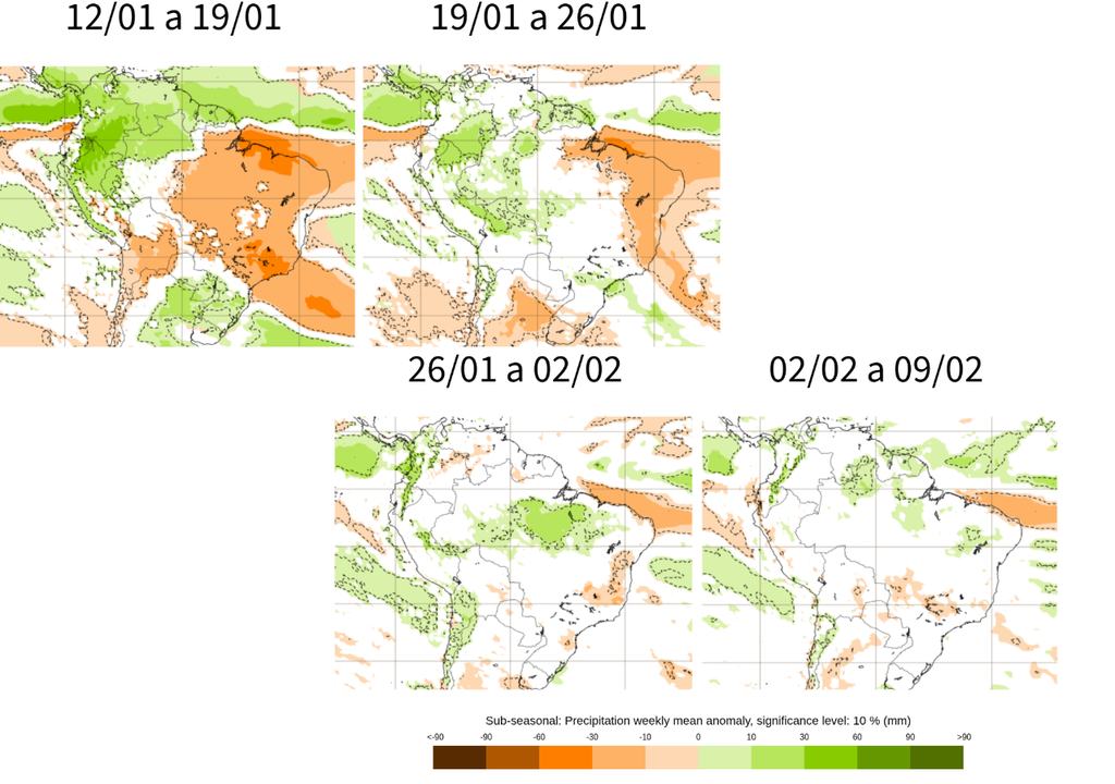 Previsão de anomalia semanal de chuva, de acordo com o ECMWF. Créditos: Adaptado de ECMWF. Previsão de anomalia semanal de chuva, de acordo com o ECMWF. Créditos: Adaptado de ECMWF.