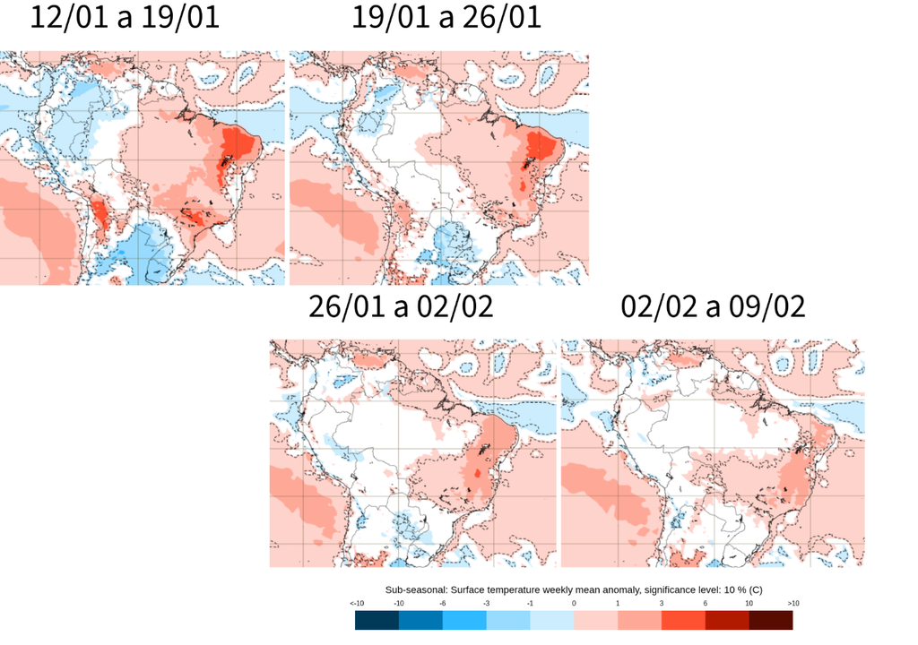 Previsão de anomalia semanal de temperatura, de acordo com o ECMWF. Créditos: Adaptado de ECMWF. Previsão de anomalia semanal de temperatura, de acordo com o ECMWF. Créditos: Adaptado de ECMWF.