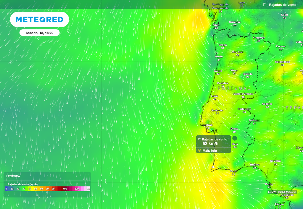 Nortada no sábado (18), sendo particularmente mais intensa durante a tarde na faixa costeira ocidental a sul de Cascais. Rajadas em torno de 50 km/h previstas para zonas do Barlavento Algarvio.