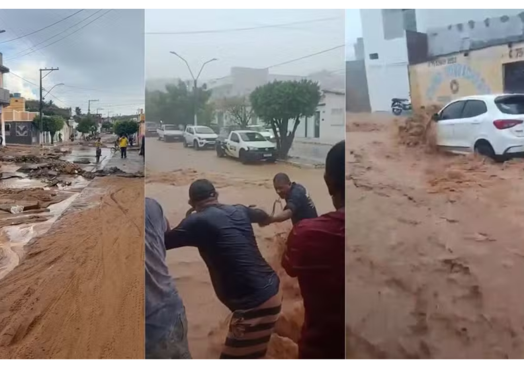 O Nordeste do Brasil está em alerta máximo para chuvas extremas até, pelo menos, terça-feira (3). Nas imagens, a cidade de Cícero Dantas (BA), ontem. Créditos: Reprodução/G1/Redes sociais/Site Cícero Dantas Acontece.