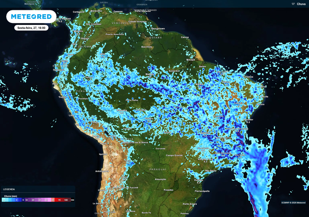 Previsão de chuva nesta sexta-feira (27), de acordo com o ECMWF.