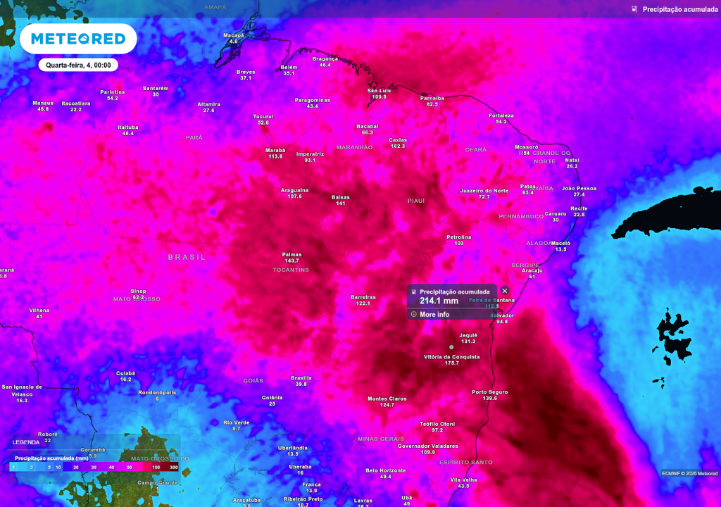 Previsão de chuva acumulada até quarta-feira (4), de acordo com o ECMWF.