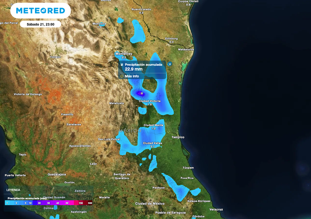 Se esperan acumulados de hasta 30 mm en sectores de la sierra norte de Tamaulipas, el resto del estado con lluvias aisladas de 5 a 10 mm.