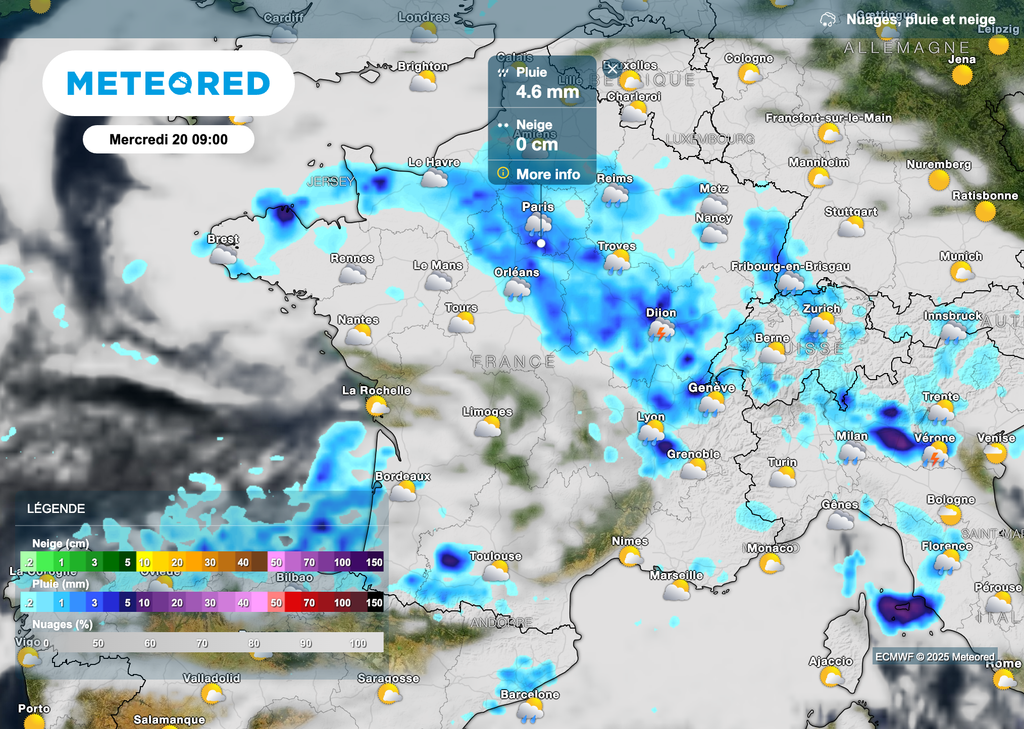 Des précipitations parfois soutenues attendues sur le nord de la France ce mercredi.