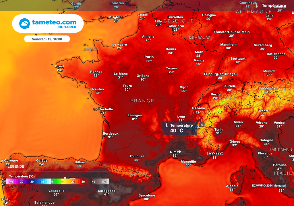 40°C prévus dans le sud de la France vendredi après-midi. 40°C prévus dans le sud de la France vendredi après-midi.