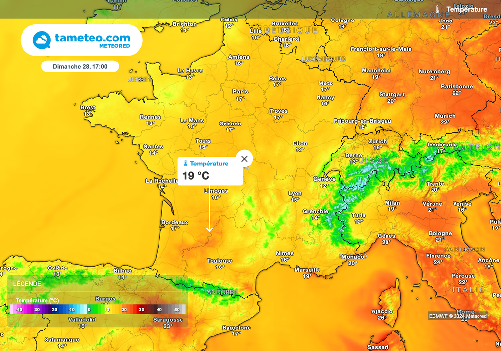 Une très nette remontée des températures est prévue pour ce week-end. Carte pour dimanche après-midi.