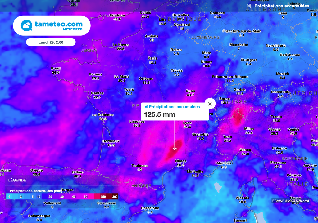 Cumuls de pluie envisagés d'ici le début de semaine prochaine.