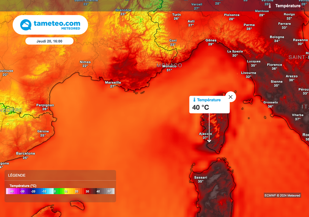 37°C prévus à Ajaccio cet après-midi. Des pointes à 40°C localement possibles.