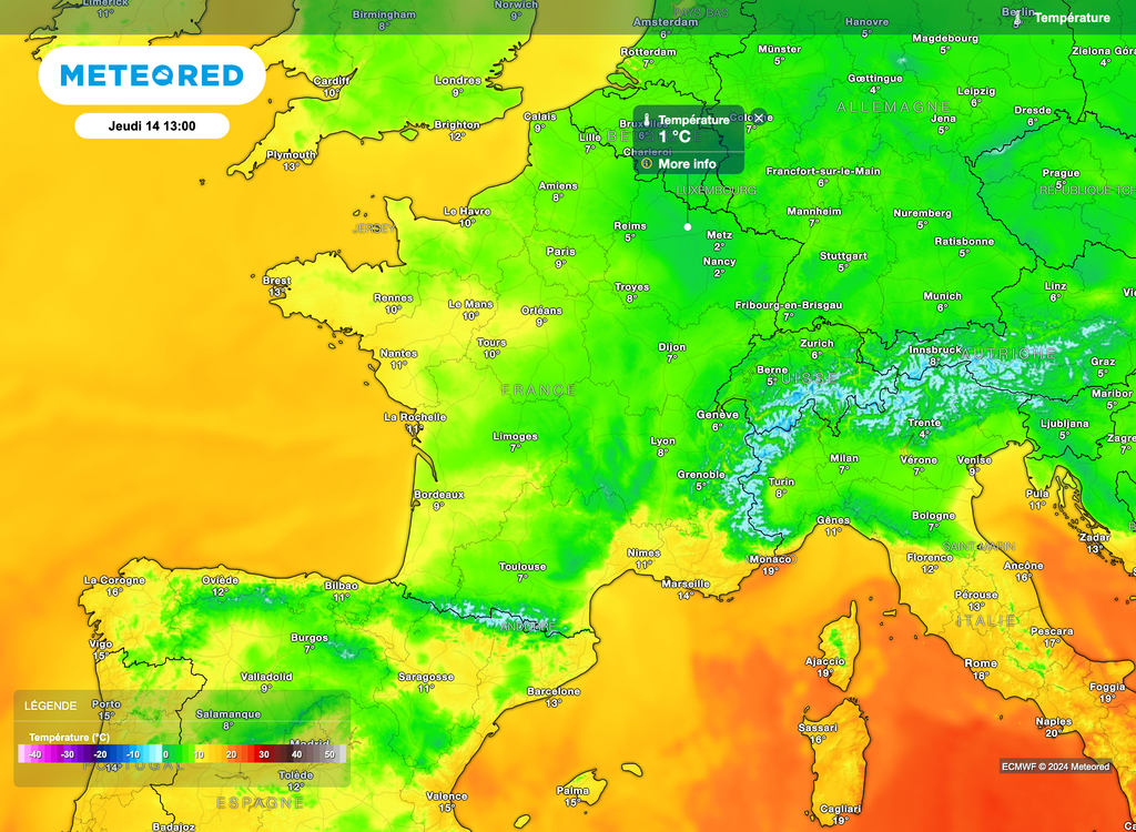 Parfois à peine 1 petit degré simulé en début d'après-midi jeudi prochain dans le nord-est. Parfois à peine 1 petit degré simulé en début d'après-midi jeudi prochain dans le nord-est.