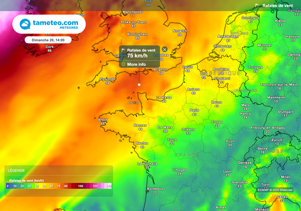 Rafales de vent proches de 80 km/h près de la Manche dimanche après-midi.