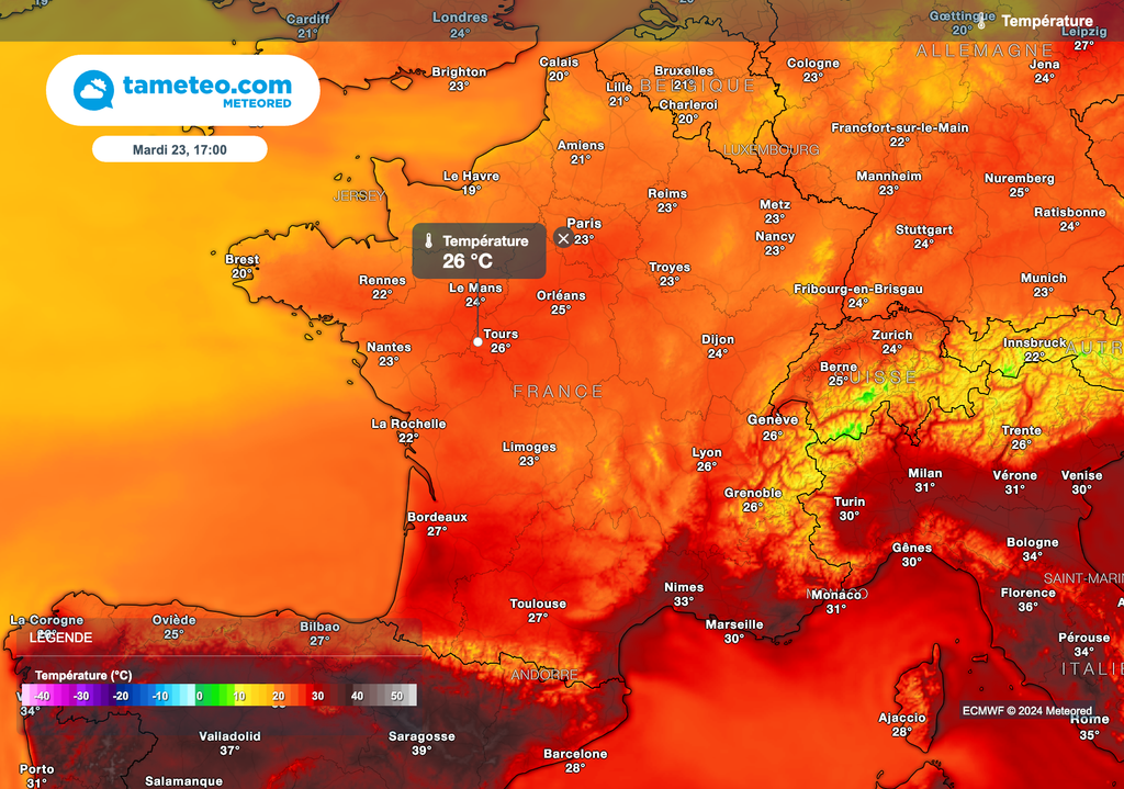 Températures prévues ce mardi après-midi en France.