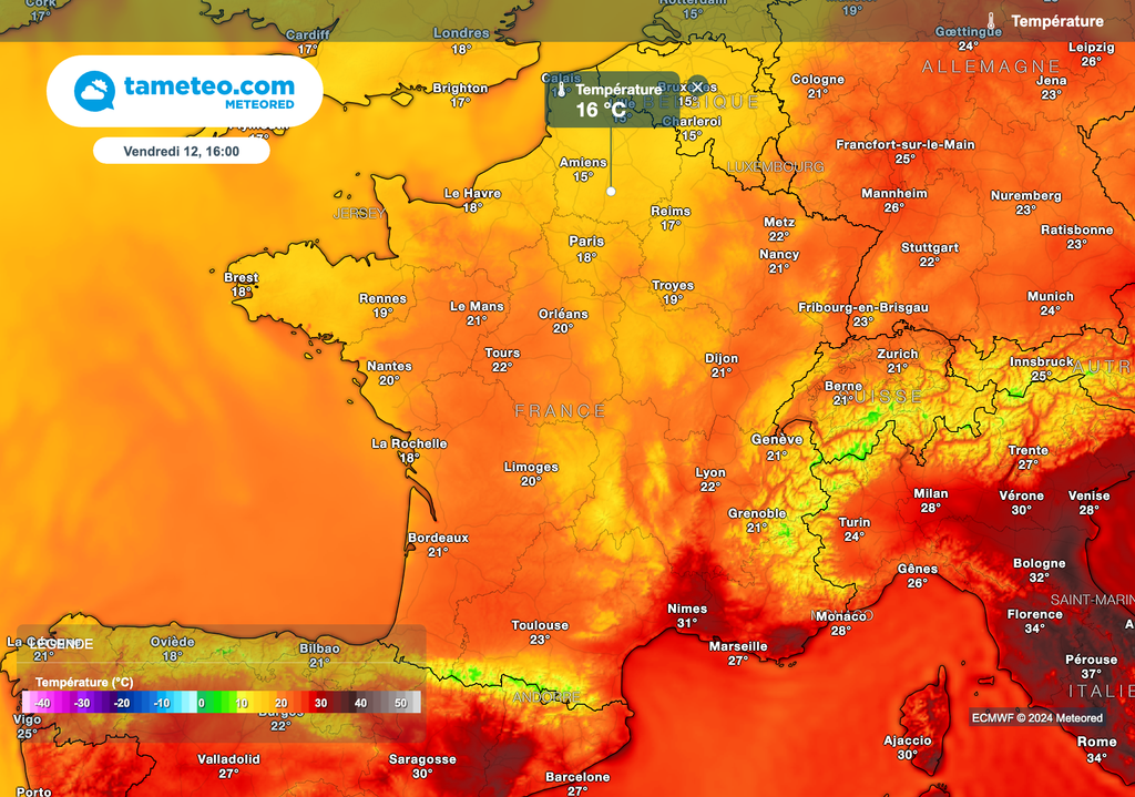 Températures prévues vendredi après-midi.