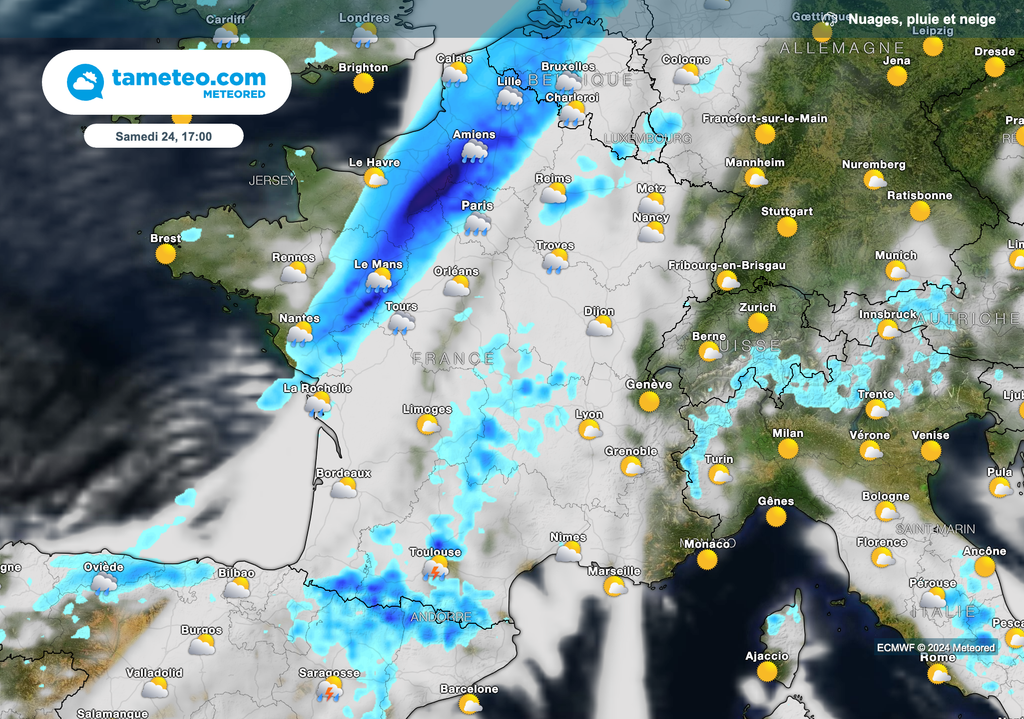 Des pluies parfois soutenues samedi après-midi dans le nord-ouest de la France.