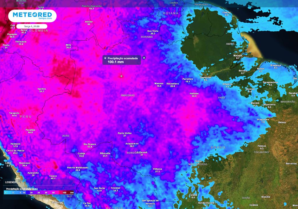 Acumulados totais de chuva até Terça-feira.