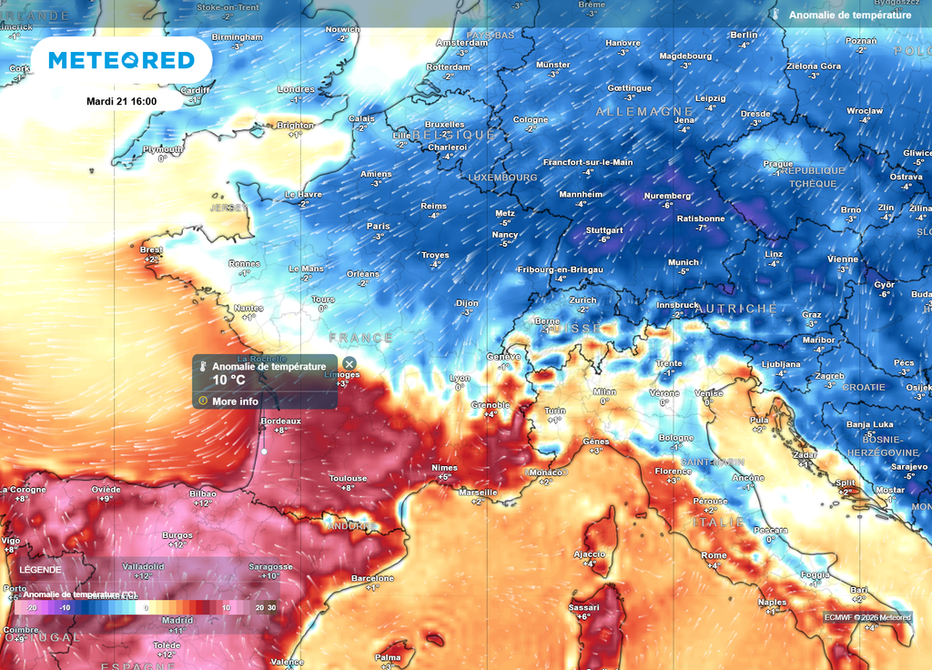 Un grand contraste de températures s'annonce entre le Nord et le Sud : mardi après-midi, jusqu'à 30°C dans le Sud-Ouest, moins de 15°C par endroits dans le Nord-Est.