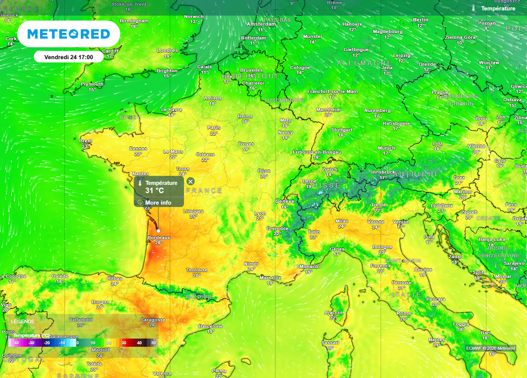 Vendredi après-midi, les 25°C seront approchés dans les terres du Nord-Ouest et du Centre-Val-de-Loire, alors que les 30°C seront dépassés dans le Sud-Ouest.