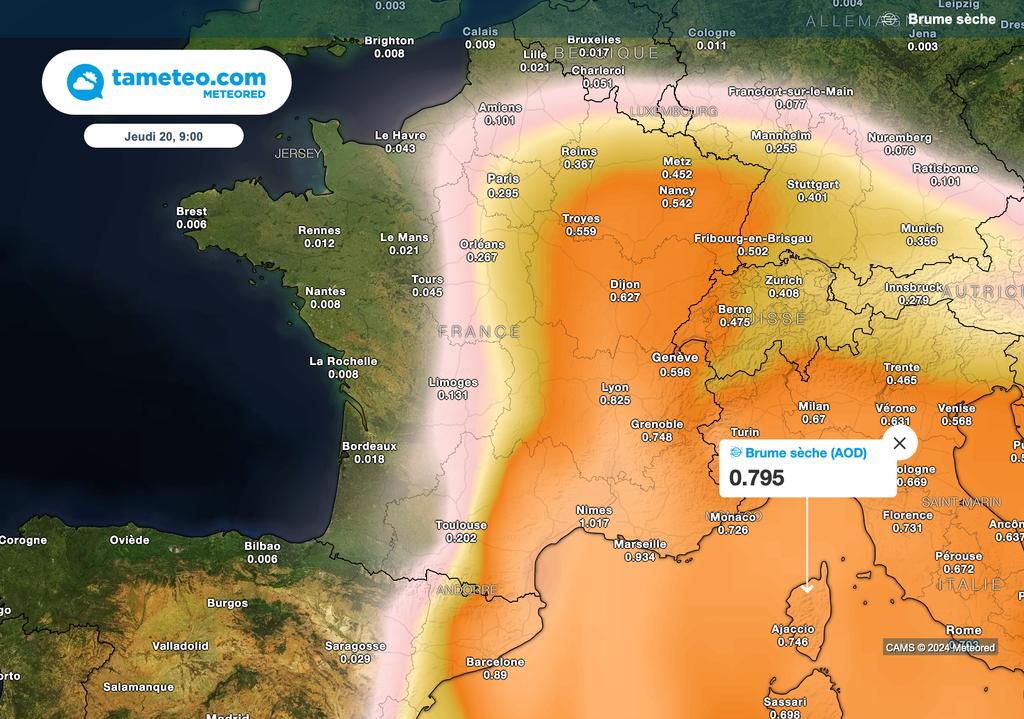 As áreas afetadas pela nuvem de areia na manhã de quinta-feira.