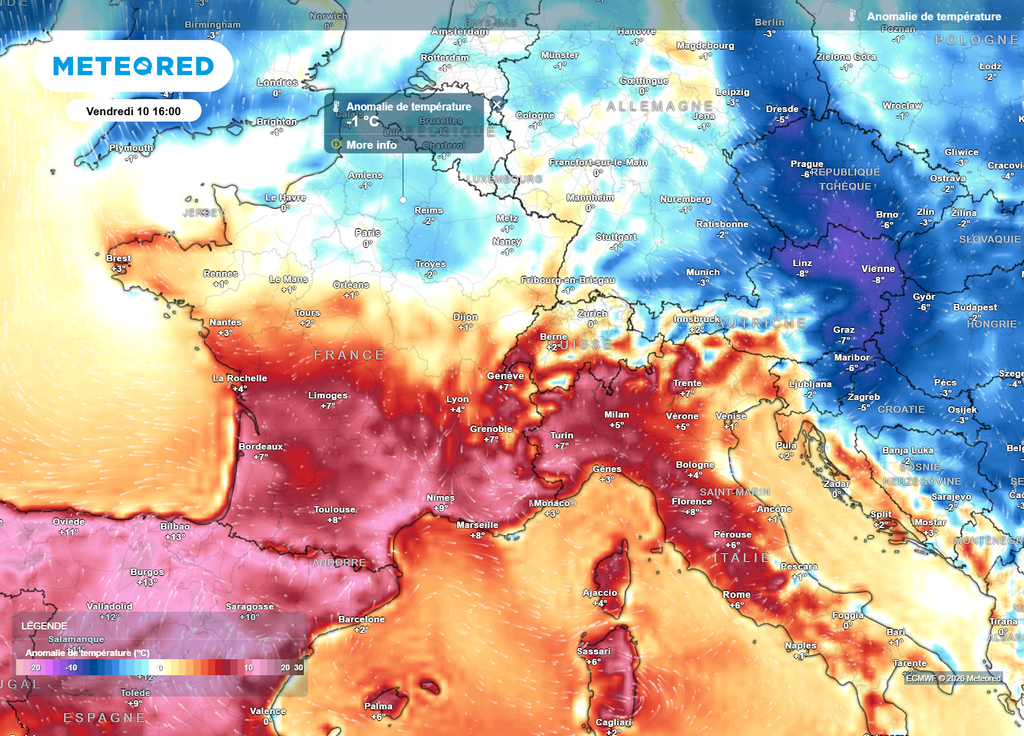 Cette carte d'anomalie de températures nous montre bien la progression de l'air plus frais sur la moitié Nord de la France vendredi après-midi.