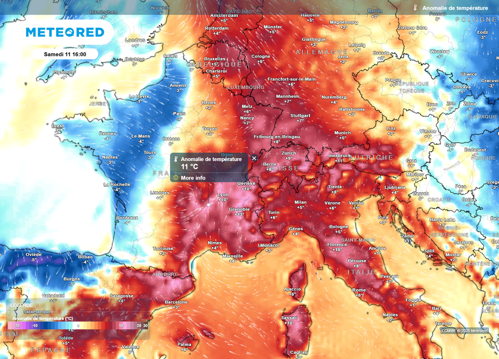 Samedi après-midi, alors que l'air frais progressera par l'Ouest, la moitié Est du pays sera encore soumise à la chaleur, avec des valeurs 6 à 11°C au-dessus des moyennes de saison.