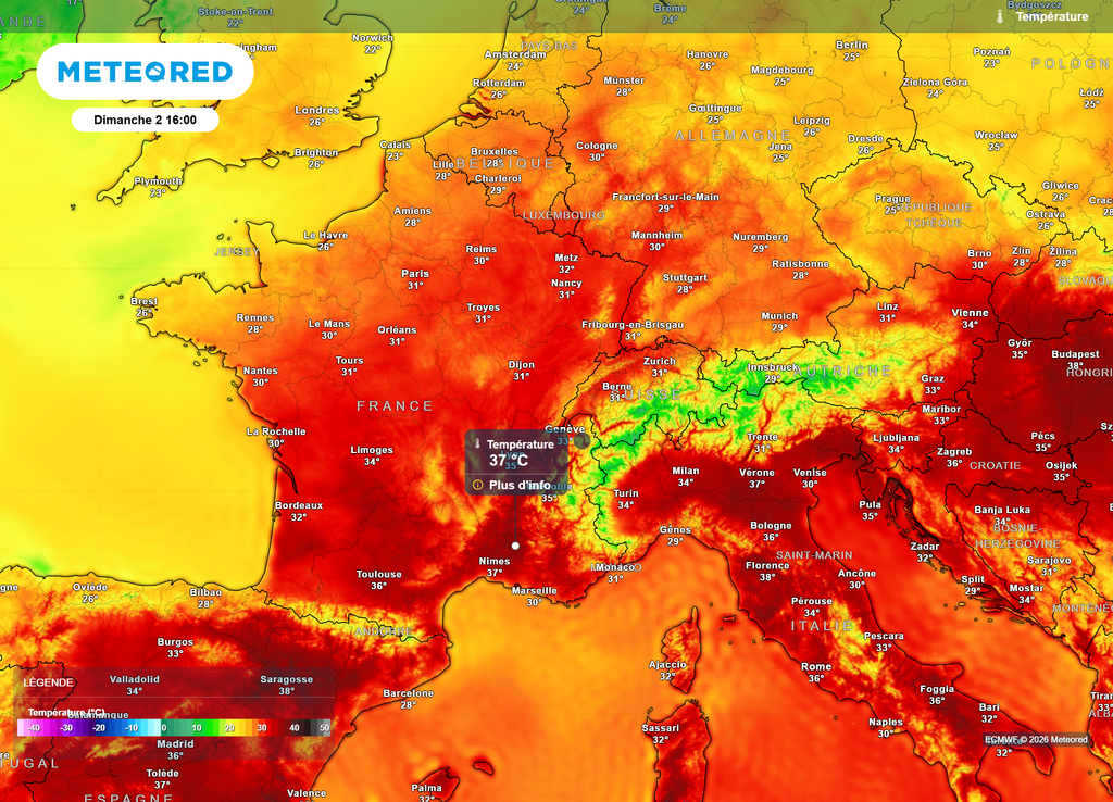 Températures dimanche après-midi Ce dimanche après-midi, c'est encore dans le Sud-Est qu'il fera le plus chaud, avec des valeurs évoluant localement entre 36 et 38°C dans l'intérieur des terres méditerranéennes.