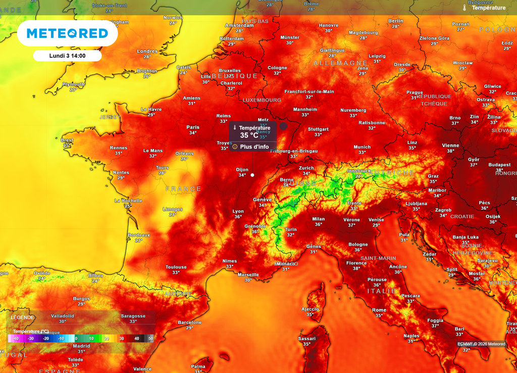 Températures lundi après-midi Lundi après-midi, avant l'arrivée des orages (visibles vers les régions centrales avec une baisse des températures), des pointes à 35-36°C seront probables entre l'Île-de-France et les régions de l'Est.