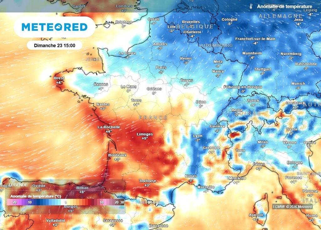 Températures Les températures vont repasser nettement au-dessus des normales dimanche après-midi sur un large quart sud-ouest