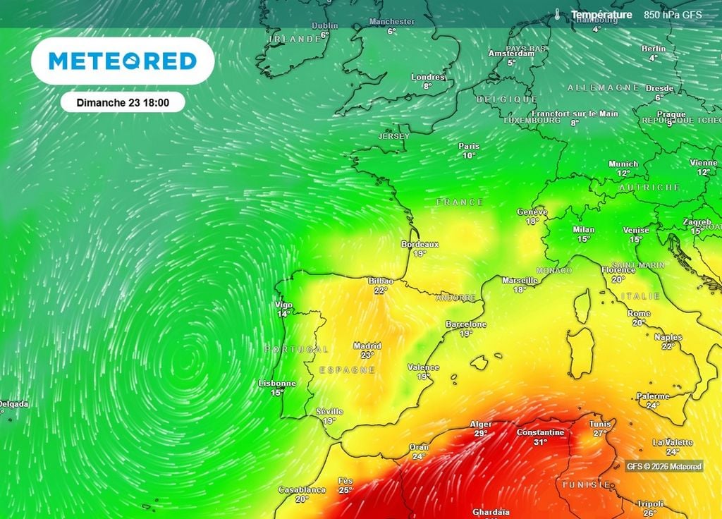 Regain chaleur Une masse d'air de nouveau plus chaude remontera de l'Afrique du nord vers la France ce dimanche à l'avant d'une zone dépressionnaire au large du Portugal