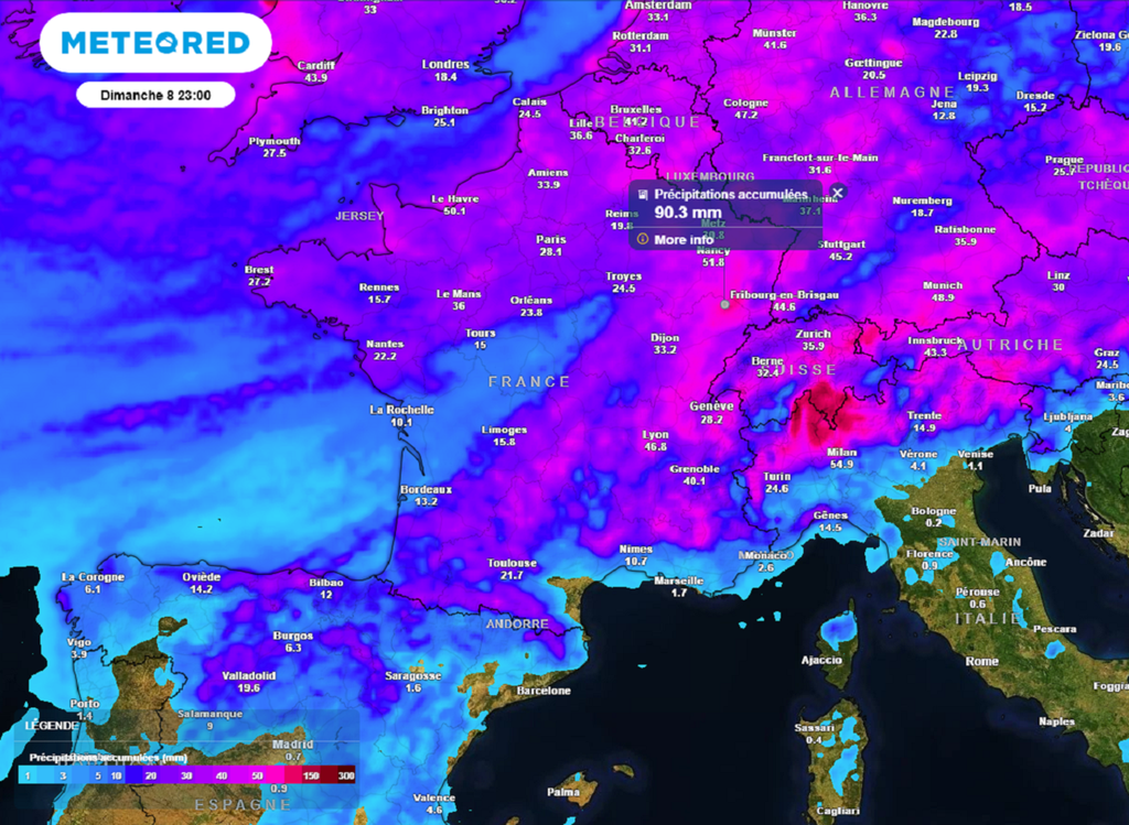 Les cumuls de pluies seront parfois importants entre le sud-ouest et le centre-est du pays.