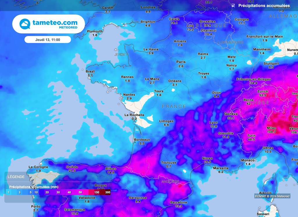 Les nouvelles pluies attendues la semaine prochaine ne devraient pas devenir conséquentes. La moitié sud et sud-est aura par contre connu de forts cumuls pluvieux après les orages de ce week-end.