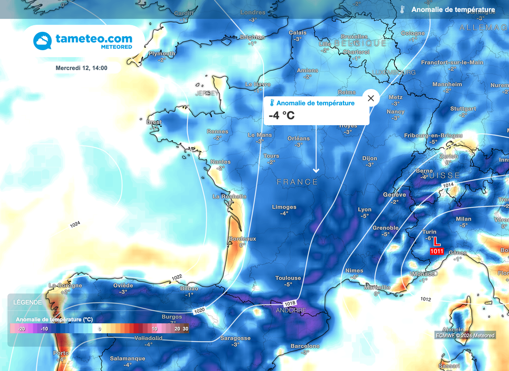 On devrait généralement observer des températures en surface de l'ordre des 2 à 5°C sous les normales. Localement, l'écart pourra être de 10°C en moins en montagne.