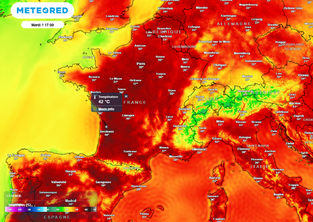 En début de semaine, c'est dans l'ouest qu'il fera le plus chaud avec des pointes à 42°C attendues...
